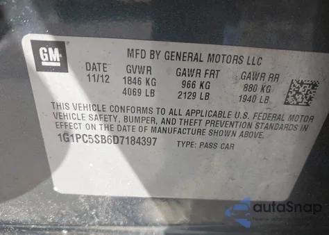 2013 Chevrolet Cruze 1Lt Auto z USA, uszkodzony, nr VIN 1G1PC5SB6D7184397